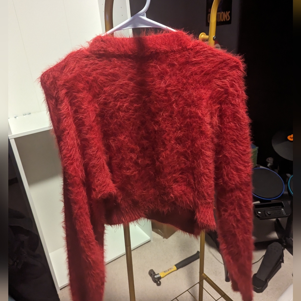 SUGAR & JADE red Fuzzy Long Sleeve Cropped Sweater